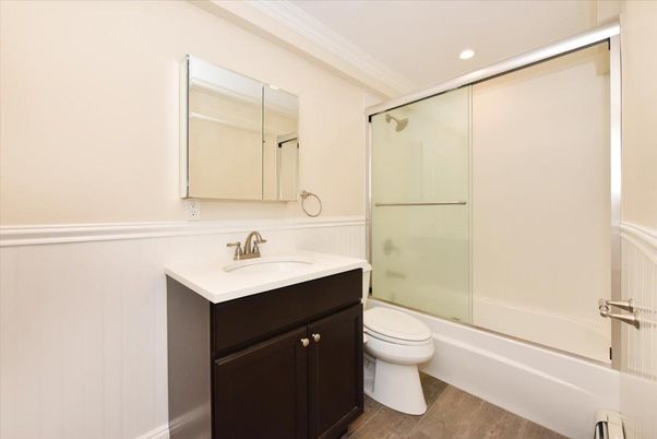 Bathroom, Glass Shower, Interior, Recessed Lighting, Wood Texture Flooring