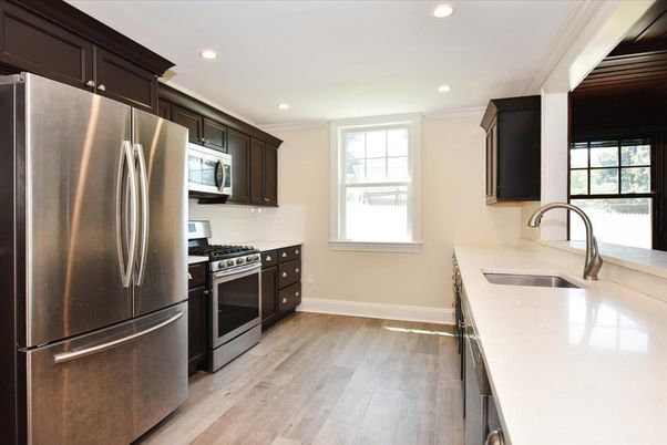 Interior, Kitchen, Recessed Lighting, Stainless Steel Appliances, Wood Texture Flooring