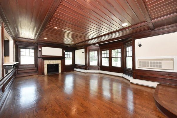 Empty room, Fireplace, Interior, Recessed Lighting, Wooden Ceilings, Wood Texture Flooring, Wooden Walls