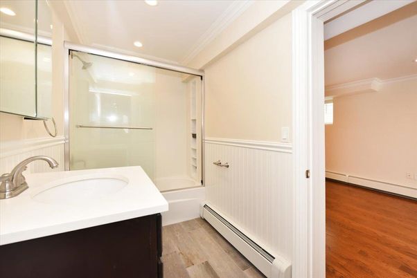 Bathroom, Glass Shower, Interior, Recessed Lighting, Wood Texture Flooring