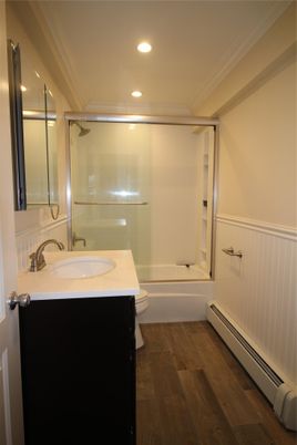 Bathroom, Glass Shower, Interior, Recessed Lighting, Wood Texture Flooring