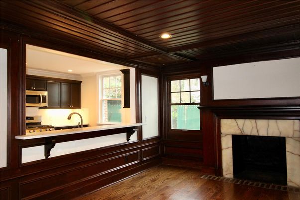 Fireplace, Interior, Kitchen, Recessed Lighting, Wooden Ceilings, Wood Texture Flooring