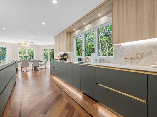 Dining room, Interior, Kitchen, Marble Walls, Pendant Lights, Recessed Lighting, Wood Texture Flooring