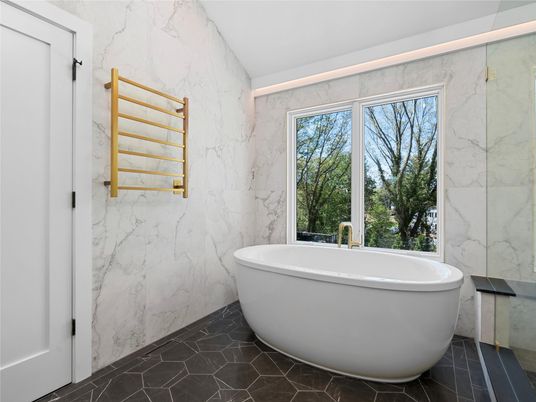 Bathroom, Free Standing Baths, Glass Shower, Interior, Marble, Marble Walls