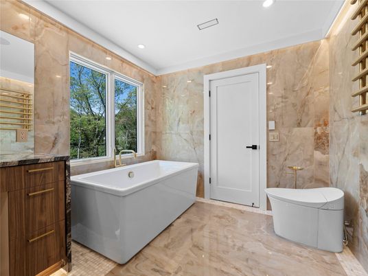 Bathroom, Free Standing Baths, Interior, Marble, Marble Walls, Recessed Lighting