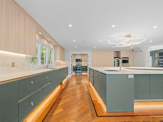 Interior, Kitchen, Pendant Lights, Recessed Lighting, Stainless Steel Appliances, Wood Texture Flooring