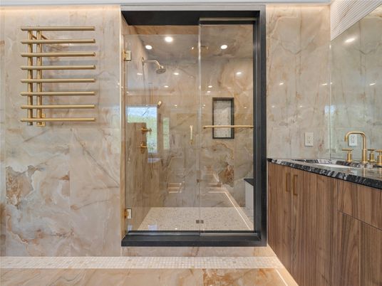 Bathroom, Glass Shower, Interior, Marble Walls, Recessed Lighting