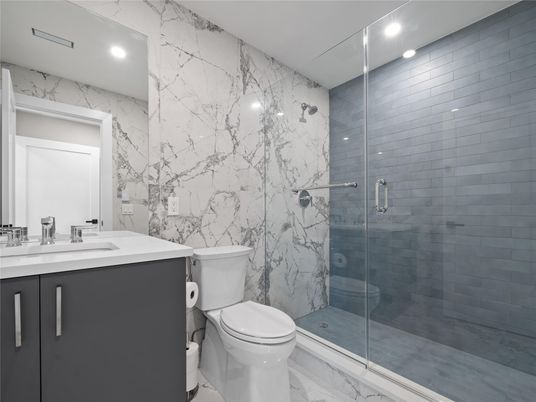 Bathroom, Glass Shower, Interior, Marble, Marble Walls, Recessed Lighting