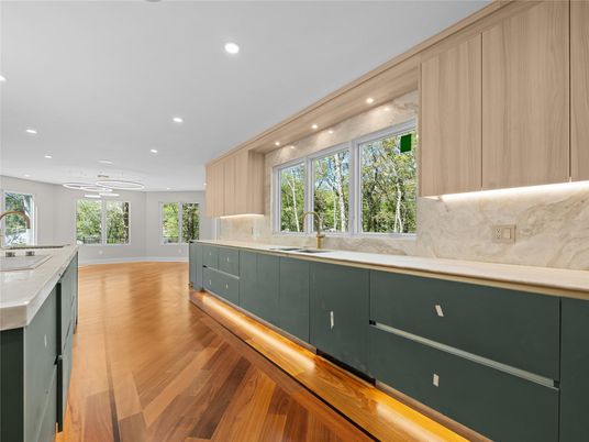 Interior, Kitchen, Marble Walls, Pendant Lights, Recessed Lighting, Wood Texture Flooring