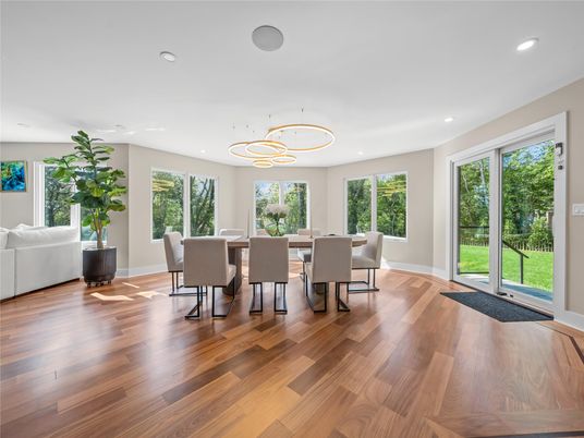 Dining room, Interior, Pendant Lights, Recessed Lighting, Wood Texture Flooring
