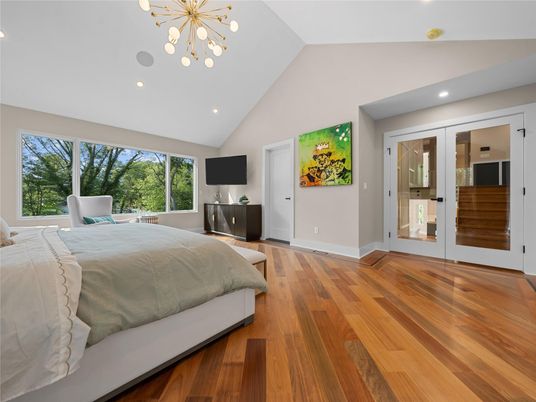 Bedroom, Interior, Pendant Lights, Recessed Lighting, Wood Texture Flooring