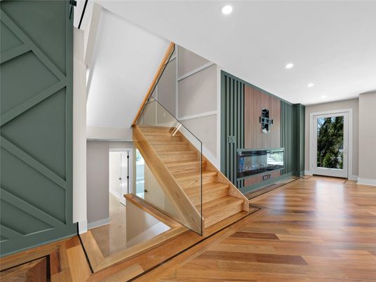 Fireplace, Interior, Recessed Lighting, Wood Texture Flooring