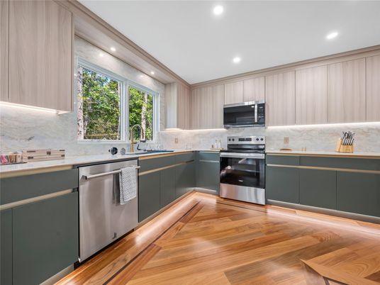 Interior, Kitchen, Recessed Lighting, Stainless Steel Appliances, Wood Texture Flooring