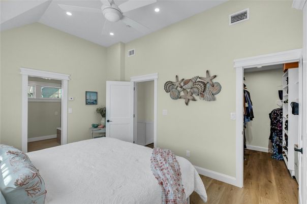 Bedroom, Interior, Recessed Lighting, Wood Texture Flooring