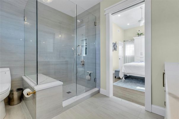 Bathroom, Glass Shower, Interior, Recessed Lighting, Wood Texture Flooring