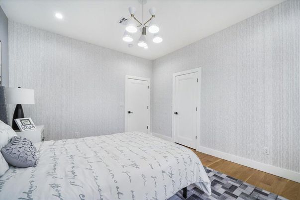 Bedroom, Interior, Pendant Lights, Recessed Lighting, Wood Texture Flooring