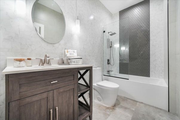 Bathroom, Glass Shower, Interior, Pendant Lights