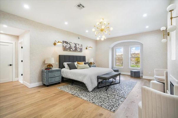 Bedroom, Interior, Pendant Lights, Recessed Lighting, Wood Texture Flooring