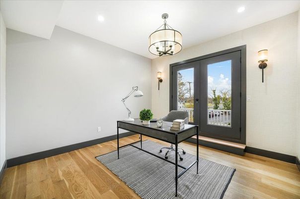 Chandelier, Home Office, Interior, Recessed Lighting, Wood Texture Flooring