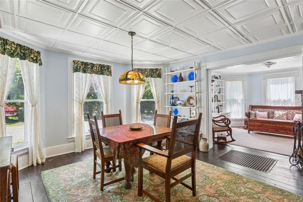 Dining room, Interior, Pendant Lights, Wood Texture Flooring