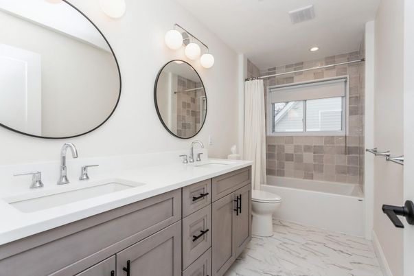 Bathroom, Dual Sink Vanities, Interior, Marble, Recessed Lighting