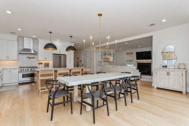 Dining room, Fireplace, Interior, Kitchen, Living room, Pendant Lights, Recessed Lighting, Stainless Steel Appliances, Wood Texture Flooring