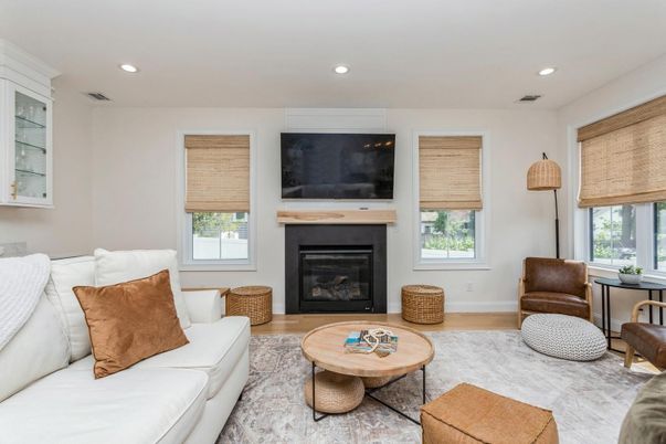 Fireplace, Interior, Living room, Recessed Lighting, Wood Texture Flooring