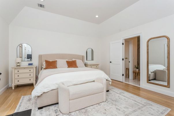 Bedroom, Interior, Recessed Lighting, Wood Texture Flooring