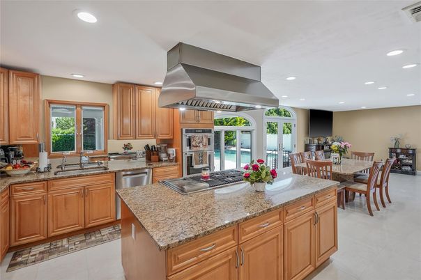 Dining room, Fireplace, Interior, Kitchen, Recessed Lighting, Stainless Steel Appliances