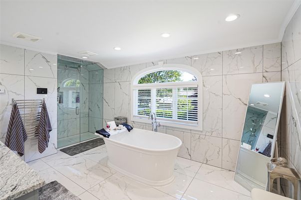 Bathroom, Free Standing Baths, Glass Shower, Interior, Marble, Marble Walls, Recessed Lighting