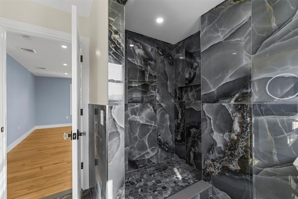 Bathroom, Interior, Marble Walls, Recessed Lighting, Wood Texture Flooring