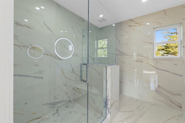 Bathroom, Glass Shower, Interior, Marble, Marble Walls, Recessed Lighting