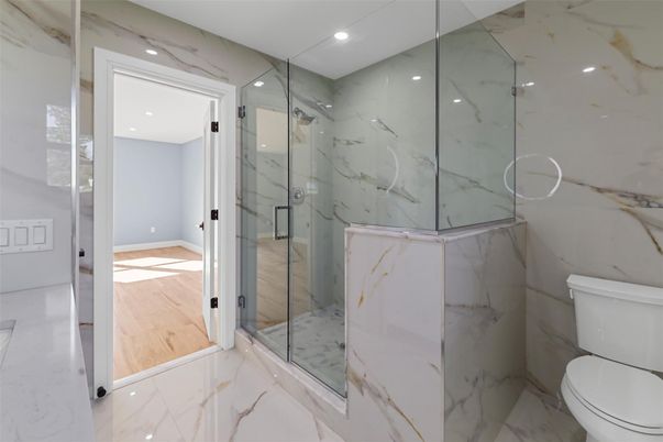 Bathroom, Glass Shower, Interior, Marble, Marble Walls, Recessed Lighting, Wood Texture Flooring