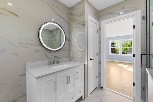 Bathroom, Interior, Marble, Marble Walls, Recessed Lighting, Wood Texture Flooring