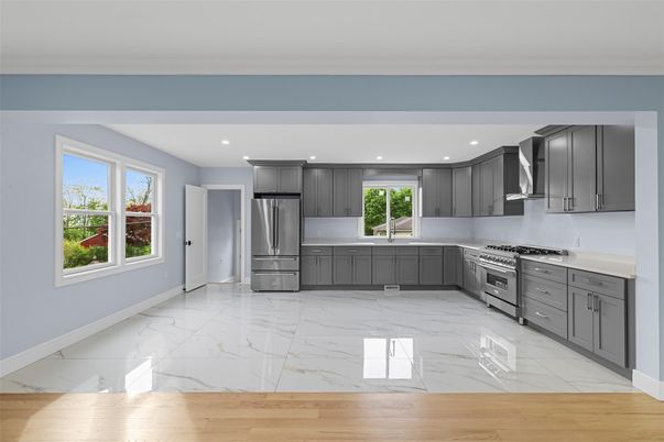 Interior, Kitchen, Marble, Recessed Lighting, Stainless Steel Appliances