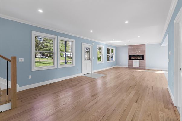 Empty room, Fireplace, Interior, Recessed Lighting, Wood Texture Flooring