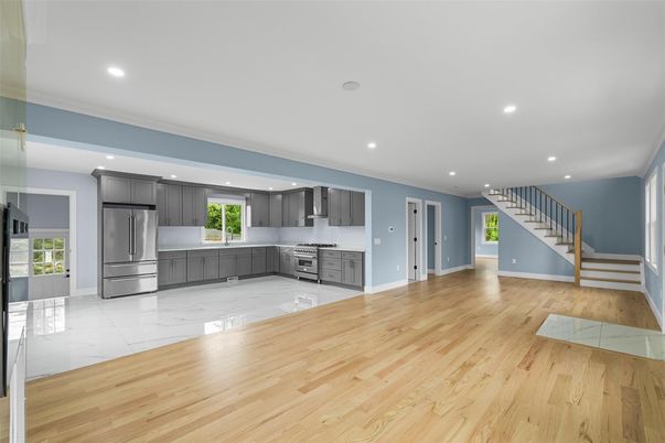 Interior, Kitchen, Marble, Recessed Lighting, Stainless Steel Appliances, Wood Texture Flooring