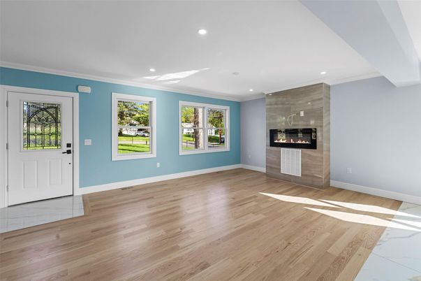 Empty room, Fireplace, Interior, Recessed Lighting, Wood Texture Flooring