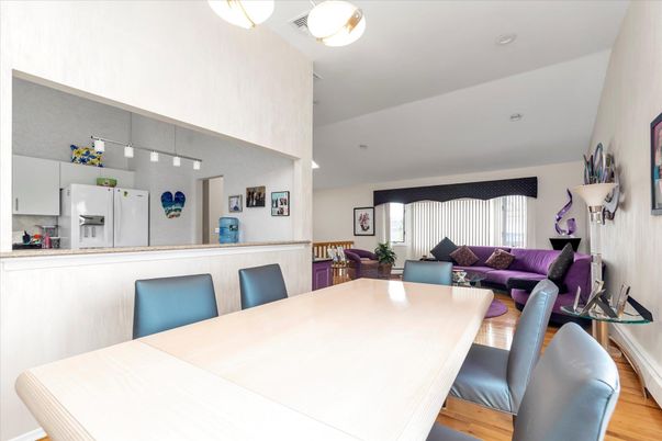 Dining room, Interior, Kitchen, Living room, Pendant Lights, Wood Texture Flooring