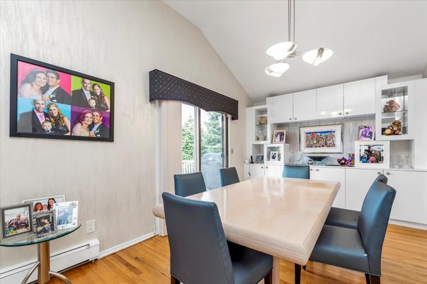 Dining room, Interior, Pendant Lights, Wood Texture Flooring