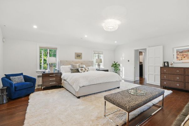 Bedroom, Chandelier, Interior, Recessed Lighting, Wood Texture Flooring