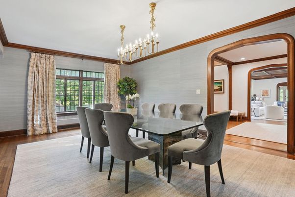 Dining room, Interior, Pendant Lights, Recessed Lighting, Wood Texture Flooring