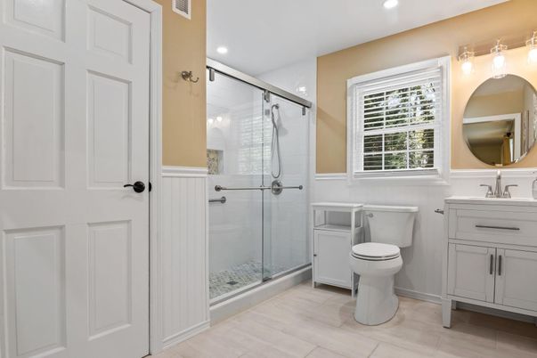 Bathroom, Glass Shower, Interior, Recessed Lighting