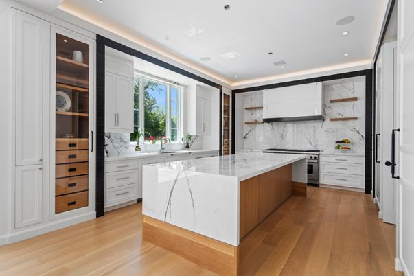 Interior, Kitchen, Marble Walls, Recessed Lighting, Stainless Steel Appliances, Wood Texture Flooring