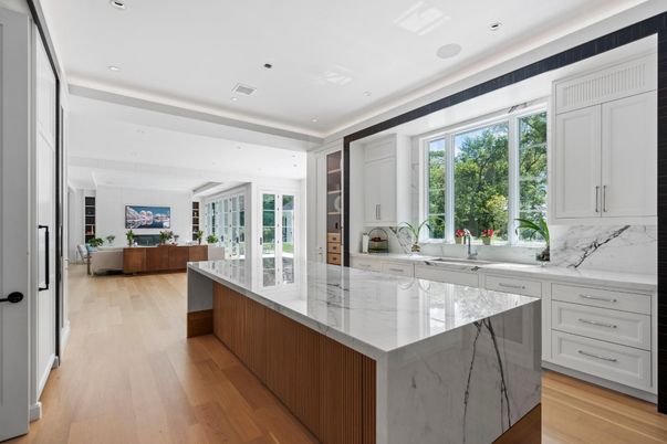Interior, Kitchen, Marble Walls, Recessed Lighting, Wood Texture Flooring