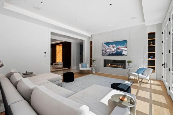 Fireplace, Interior, Living room, Recessed Lighting, Wood Texture Flooring