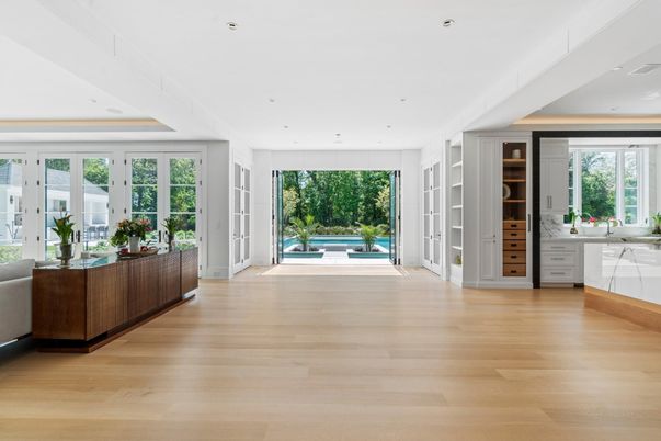 Interior, Kitchen, Marble Walls, Recessed Lighting, Wood Texture Flooring