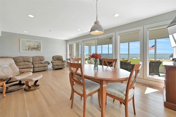 Dining room, Interior, Pendant Lights, Recessed Lighting, Water, Wood Texture Flooring