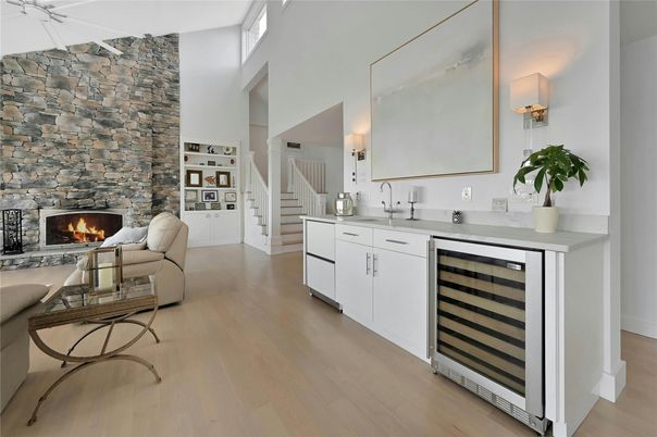 Fireplace, Interior, Kitchen, Living room, Stone Walls, Wood Texture Flooring