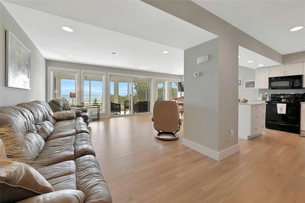 Interior, Kitchen, Living room, Recessed Lighting, Stainless Steel Appliances, Wood Texture Flooring